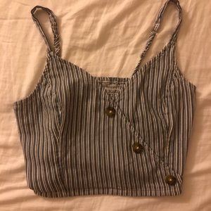 blue and white striped surplice crop top
